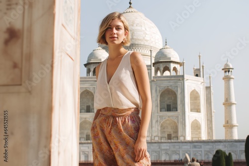 Lifestyle portrait photography of a pleased woman in her 20s that is wearing a smart pair of trousers in front of the Taj Mahal in Agra India © Robert MEYNER