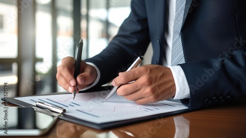 Strategic Analysis: A close-up image of a businessman meticulously reviewing financial data, his focus and determination evident in his hands as he analyzes graphs and figures.