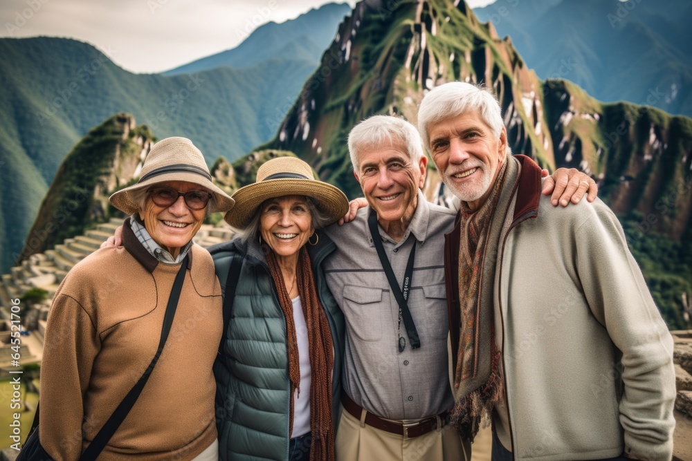 Group portrait photography of a tender man in his 50s that is with the family at the Machu Picchu in Cusco Peru