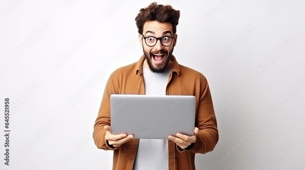 businessman wearing glasses holds a laptop. on white background