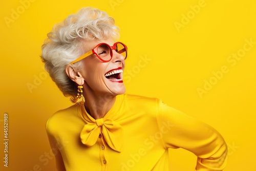 portrait of a cheerful smiling elderly grandmother in glasses on a yellow background © InfiniteStudio