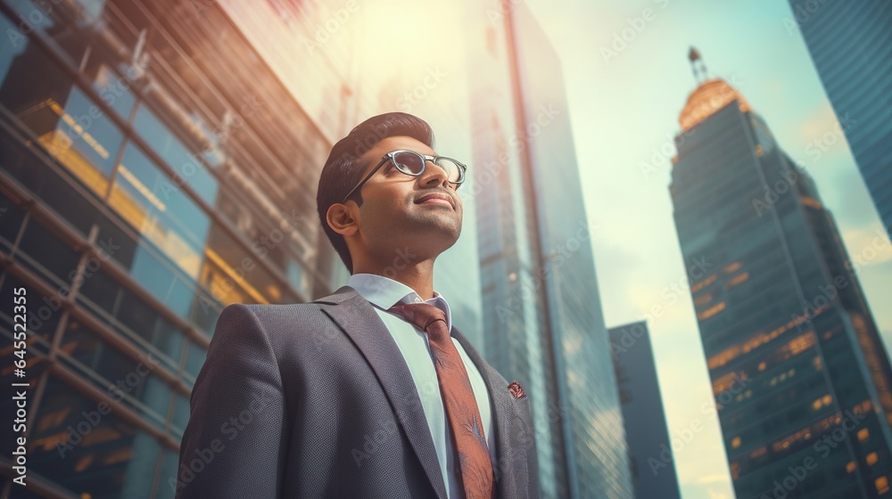 Fototapeta premium Reaching for the Top: Ambition and Success in the City: A determined businessman in a sleek suit looks upward, his gaze fixed on the towering skyscrapers.