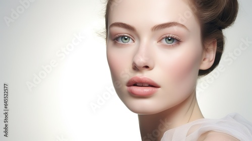 A captivating image showcasing the beauty of a woman with blonde hair, flawless skin, and expressive eyes, highlighting the elegance of natural beauty, clean makeup, and a touch of glamour in a studio