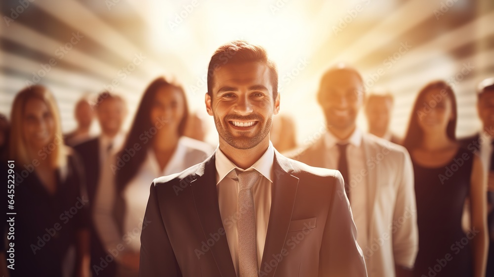 Obraz premium Businessman in front of team, image of a happy professional team