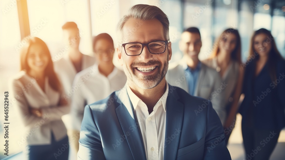 businessman standing in front of team, portrait of a smiling professional team businessman standing in front of team, portrait of a smiling professional team