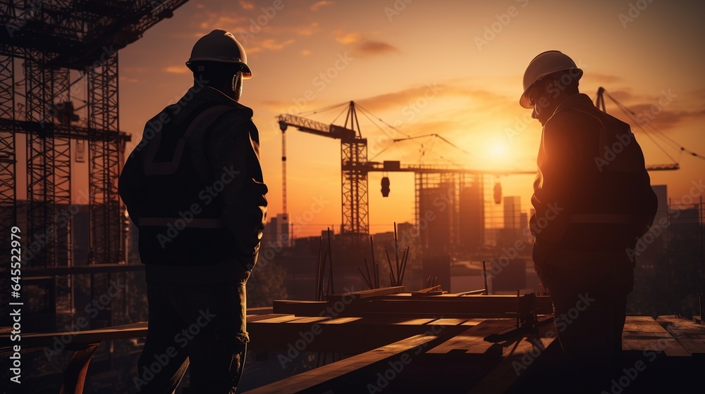 Fototapeta premium construction workers at sunset