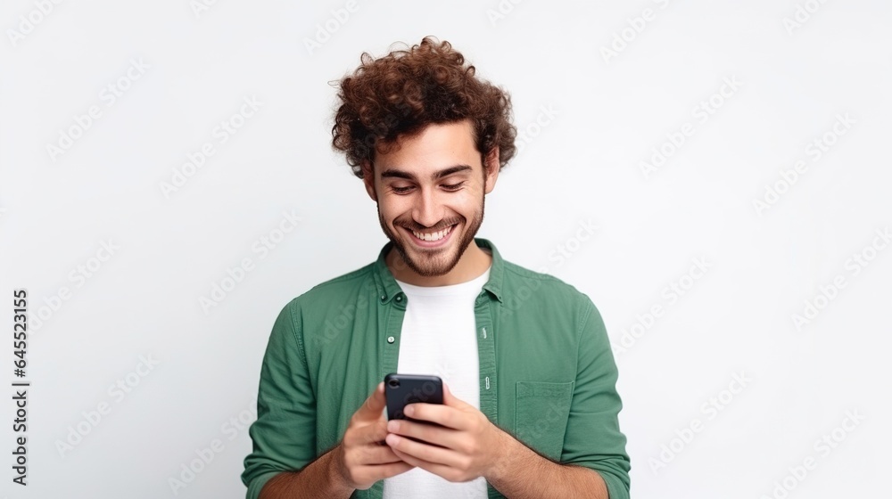 person with mobile phone on white background - obrazy, fototapety, plakaty 