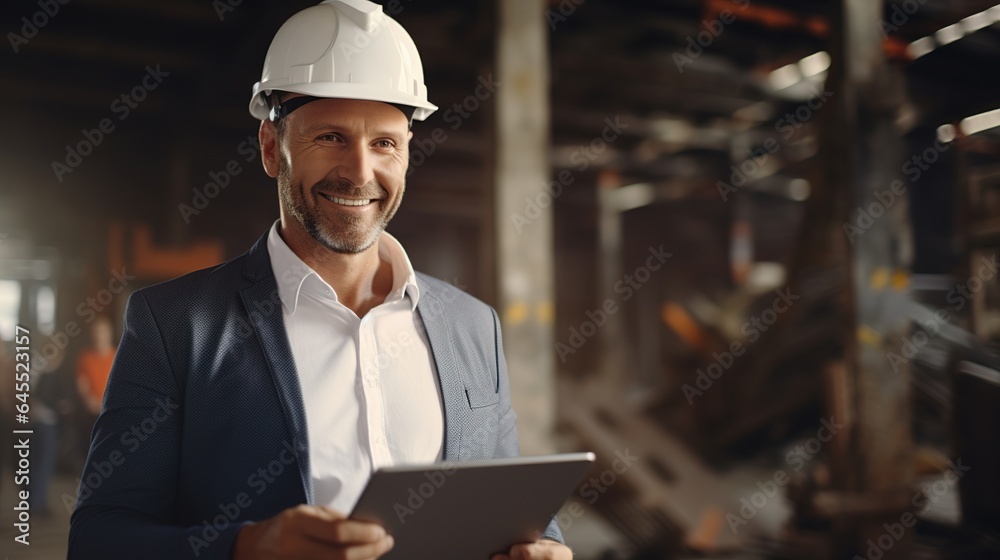 businessman working on laptop at construction site businessman working on laptop at construction site