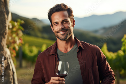 Portrait of a winemaker holding glass of wine in front of vineyard