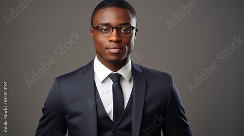 black businessman standing against a gray background