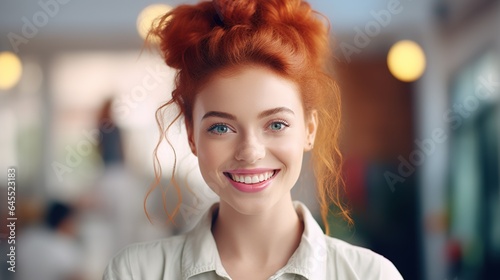 Young woman with red hair in a bun who is joyfully celebrating good news or receiving a gift for her birthday while grinning charmingly and joyously at the camera. generative ai