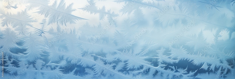 Frost creates fascinating patterns on a window in winter.banner