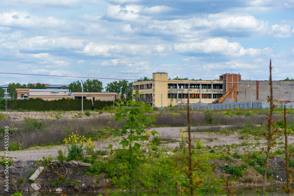 Ruined former Fur Factory. Background with selective focus