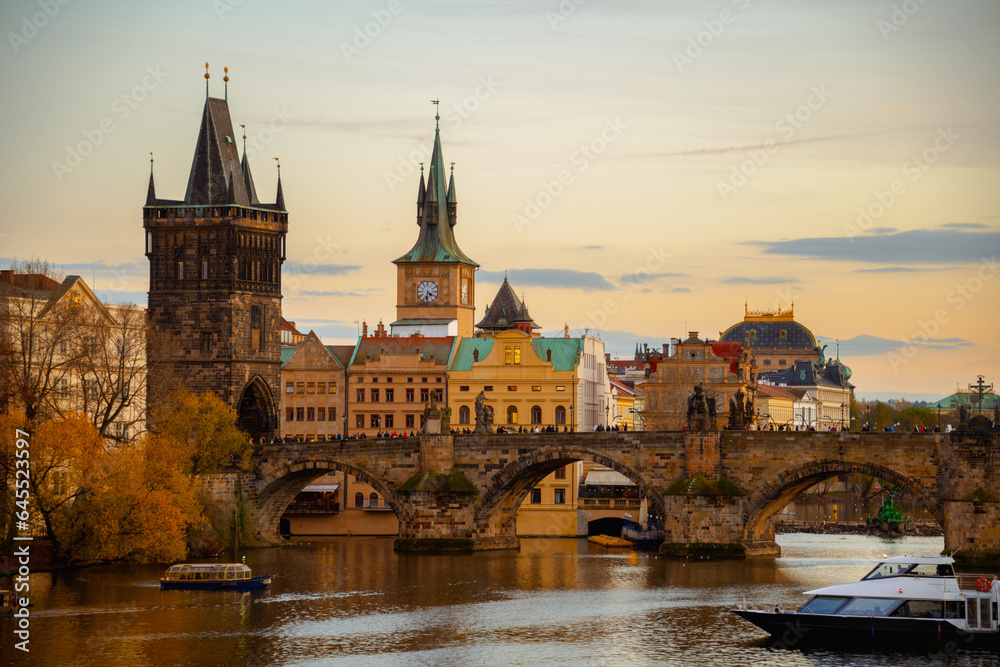 landscape with Vltava river, Charles Bridge and boat