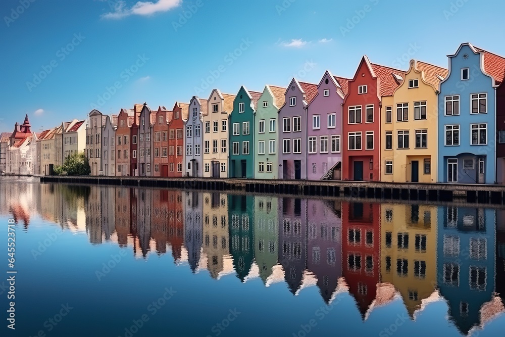 Fototapeta premium Colorful row of homes on a lake. Reflection of houses in the water. Old buildings in Europe. Architectural landscape