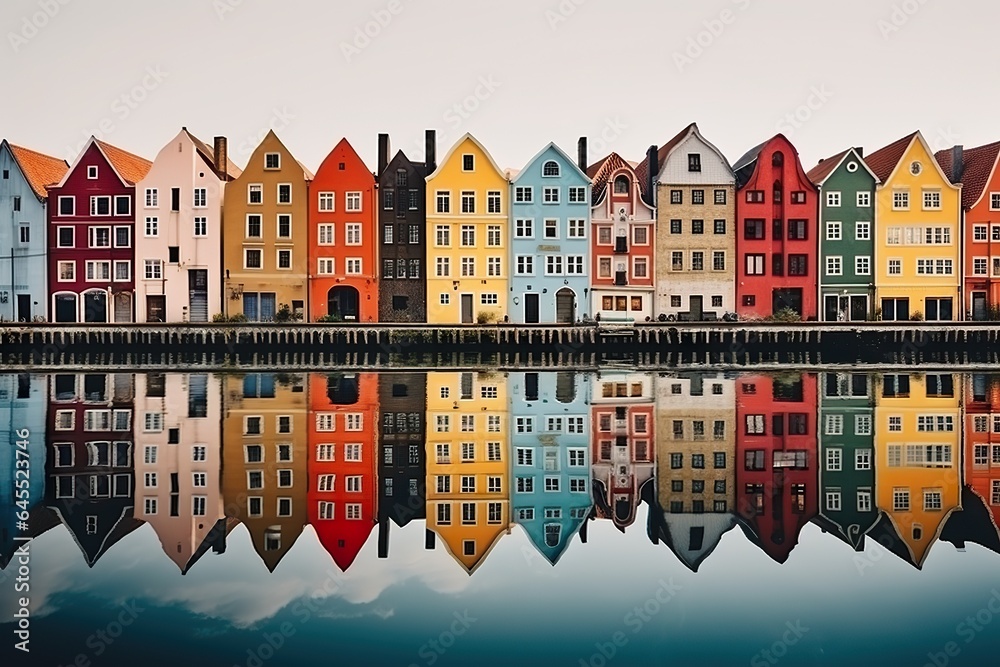 Colorful row of homes on a lake. Reflection of houses in the water. Old buildings in Europe. Architectural landscape