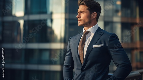 handsome and confident businessman stands in front of a modern office building.