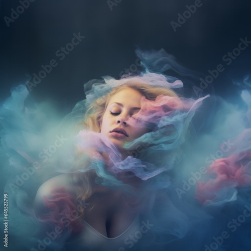 Fantasy Scene, Dreamy, Abstract space, Portrait Photograph of beautiful young woman, haze and smoke, vintage mood, retro look, fashion photography, clouds and sky, soft colors