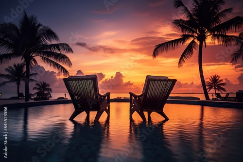 Palms chairs around the infinity swimming pool near the ocean with palm trees beach at night sunset time