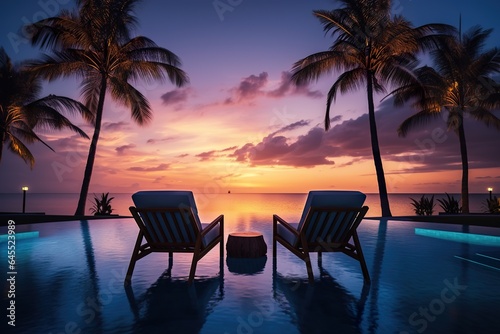 Palms chairs around the infinity swimming pool near the ocean with palm trees beach at night sunset time