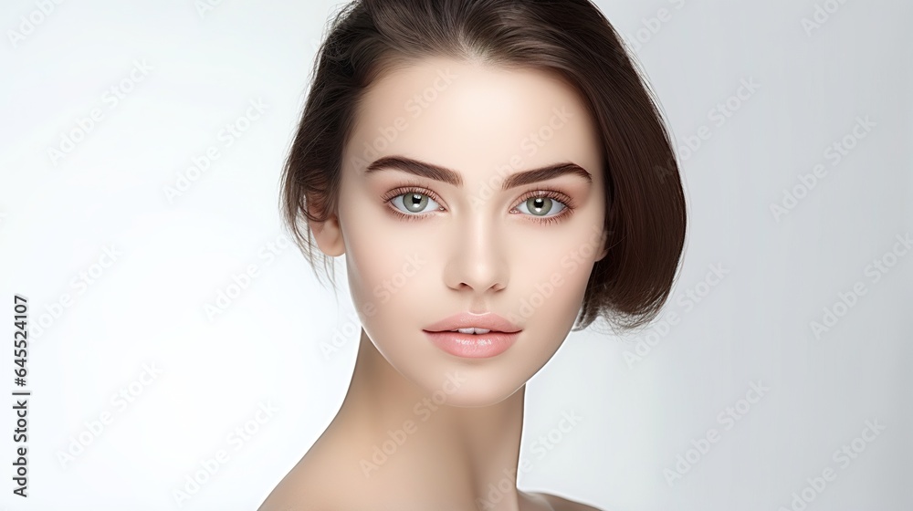 beautiful woman with brown hair, elegant makeup, and a captivating smile in a close-up portrait beautiful woman with brown hair, elegant makeup, and a captivating smile in a close-up portrait