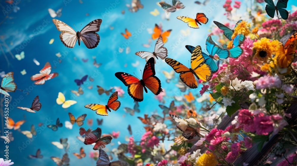 a delicate and colorful butterfly migration, with butterflies filling the sky in a breathtaking display of biodiversity