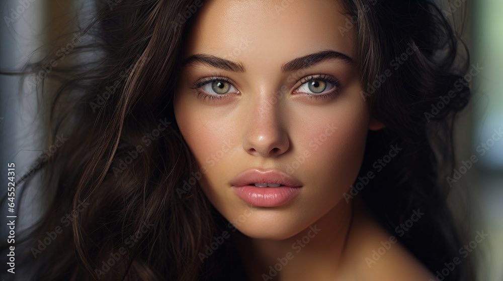 Portrait of a beautiful woman's face. Beautiful Spa model with flawlessly clean skin. A brunette woman smiles at the camera. Concept of Youth and Skin Care. generative ai Portrait of a beautiful woman's face. Beautiful Spa model with flawlessly clean skin. A brunette woman smiles at the camera. Concept of Youth and Skin Care. generative ai
