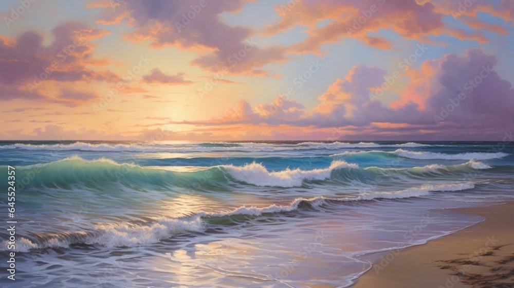 a deserted beach at sunset, with gentle waves, a colorful sky