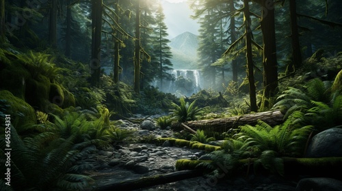 a dense and ancient temperate rainforest  with towering trees  ferns  and a lush understory  inviting viewers to immerse themselves in the enchanting world of the forest