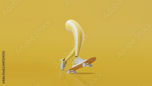 3d render,  cartoon character skateboarder illustration, legs and skateboard isolated on yellow background, extreme sport trick