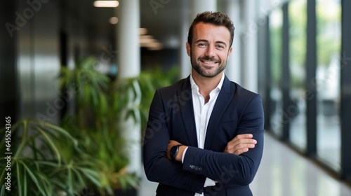 Stampa su tela Happy male executive company owner corporate manager leader in office, confident smiling business man professional coach wear glasses stand arms crossed staring at camera