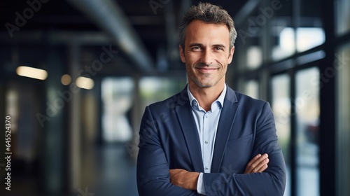 Happy male executive company owner corporate manager leader in office, confident smiling business man professional coach wear glasses stand arms crossed staring at camera. generative ai