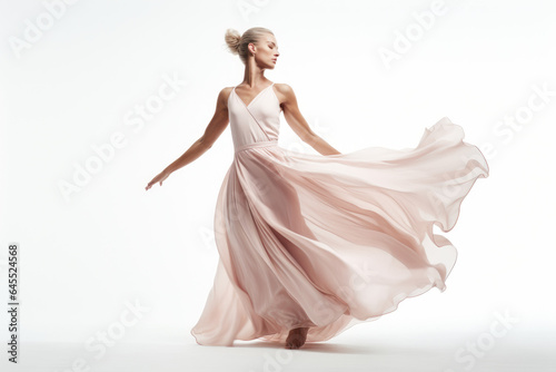 Professional dancer in stylish clothing dancing on white background
