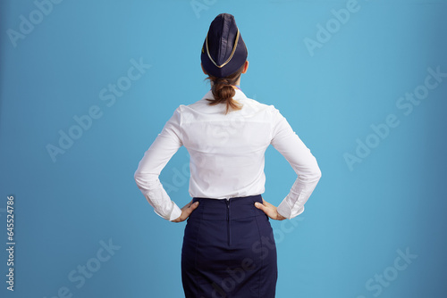 Seen from behind stylish female flight attendant on blue
