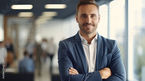 confident gorgeous mature businessman professional financial adviser, executive leader, manager, male lawyer or man entrepreneur stands in his office posing for a headshot company. generative ai