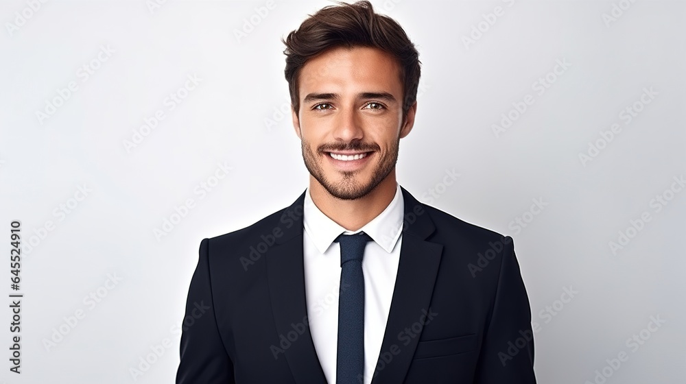 Manager or ceo portrait of a smiling businessman in a white studio background peering at the camera Manager or ceo portrait of a smiling businessman in a white studio background peering at the camera
