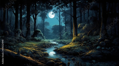 a moonlit forest, with the soft glow of the moon © Muhammad