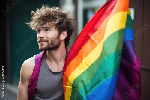 Queer man with an lgbtq rainbow flag