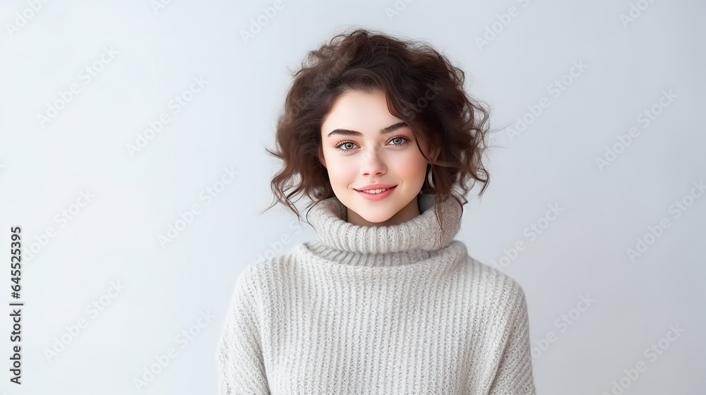 Happy, smiling brunette woman with long hair, radiating beauty and happiness in a studio portrait Happy, smiling brunette woman with long hair, radiating beauty and happiness in a studio portrait