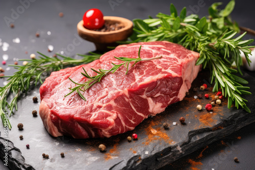 Raw marbled beef steak on white cutting board with herbs