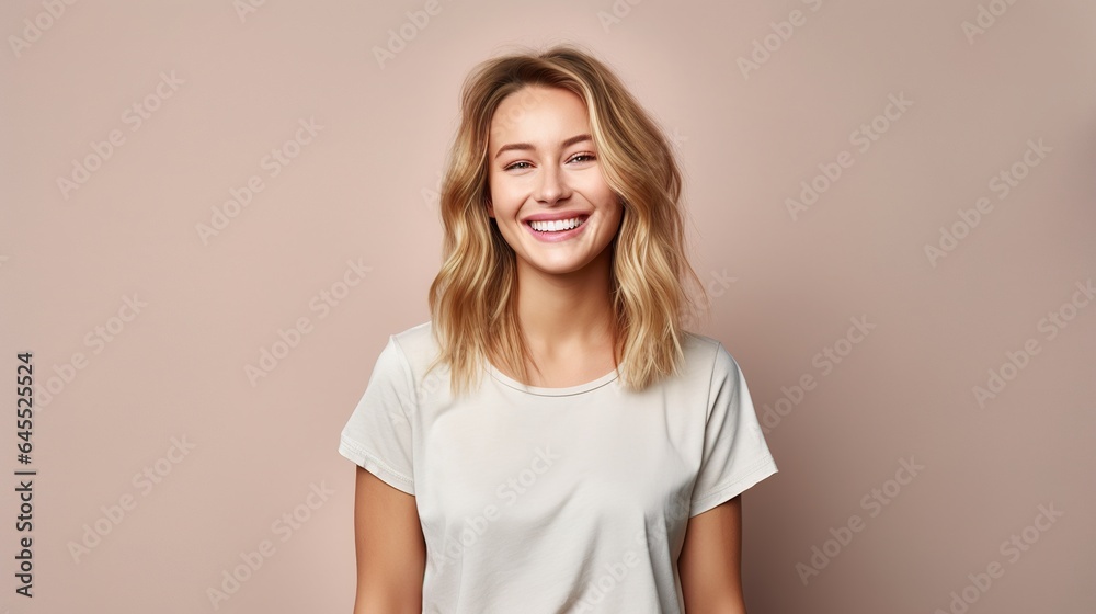 Happy blonde woman with a beautiful smile, posing in a studio, exuding happiness and fashion-forward charm Happy blonde woman with a beautiful smile, posing in a studio, exuding happiness and fashion-forward charm