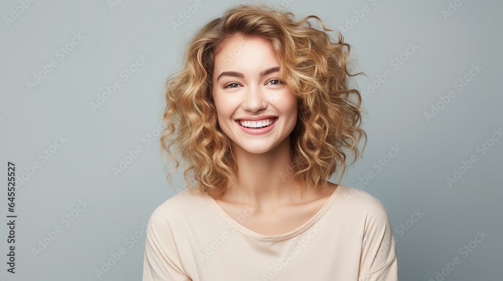 Happy blonde woman with a beautiful smile, posing in a studio, exuding happiness and fashion-forward charm Happy blonde woman with a beautiful smile, posing in a studio, exuding happiness and fashion-forward charm