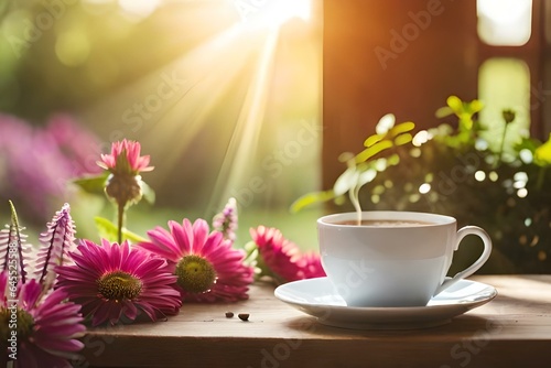Capture the essence of a serene moment with a steaming cup of tea on a rustic wooden table, surrounded by dappled sunlight and adorned with delicate wisps of steam.