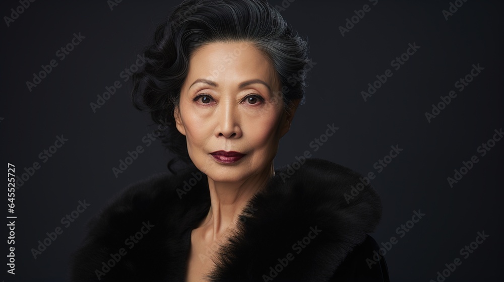 Smiling brunette woman in a dark fur coat posing in a studio, showcasing beauty, fashion, and glamour with a touch of sensuality Smiling brunette woman in a dark fur coat posing in a studio, showcasing beauty, fashion, and glamour with a touch of sensuality