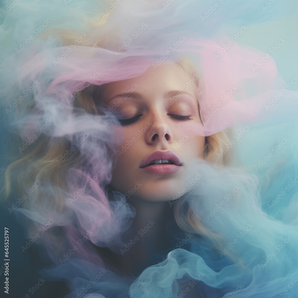 Portrait Photograph of beautiful young woman, haze and smoke, vintage mood, retro look, fashion photography, clouds and sky, soft colors Portrait Photograph of beautiful young woman, haze and smoke, vintage mood, retro look, fashion photography, clouds and sky, soft colors