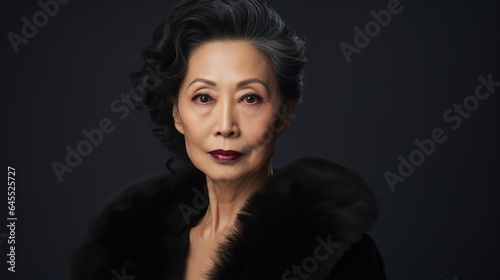 Smiling brunette woman in a dark fur coat posing in a studio  showcasing beauty  fashion  and glamour with a touch of sensuality