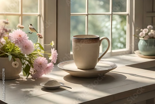 A close-up view of a freshly brewed cup of coffee with steam rising, surrounded by a vibrant arrangement of wildflowers in a rustic, sunlit setting.
