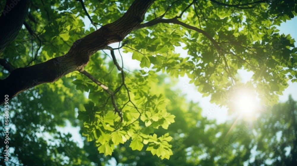 Bottom view of the blurred fresh green foliage of a tree in the spring, with the branches blur on forest with beautiful bright sun rays. Bottom view of the blurred fresh green foliage of a tree in the spring, with the branches blur on forest with beautiful bright sun rays.