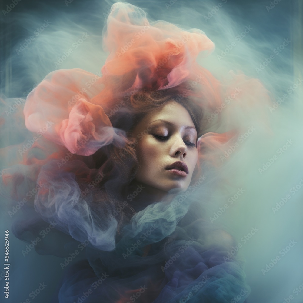 Pink and Blue dreamy fine art photo, Portrait Photograph of beautiful young woman, haze and smoke, vintage mood, eyes closed, retro look, fashion photography, clouds and sky, soft colors