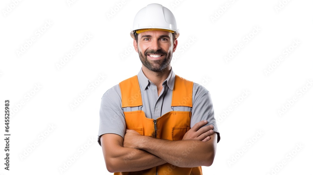 Worker with helmet and gloves on white background. generative ai Worker with helmet and gloves on white background. generative ai